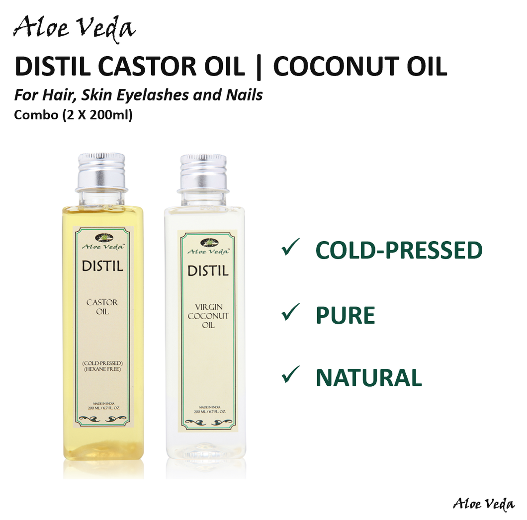 Aloe Veda DISTIL Cold-pressed Castor Oil | Coconut Oil Combo (2x200ml)